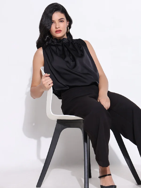 Women Black Solid Blouson Top Monochromatic Office Style