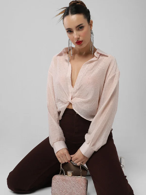 Women Pink Solid Shirt Style Crop Top Bold Women's Statement