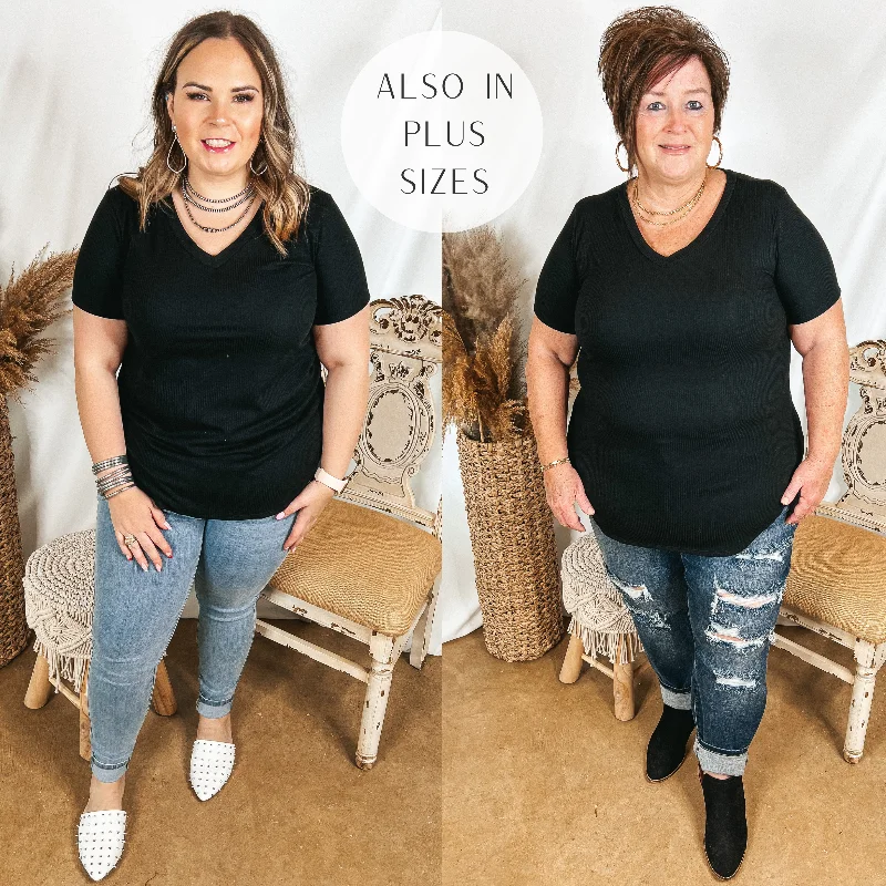 Simply Obsessed Ribbed Short Sleeve V Neck Top in Black Athletic Women's High - 