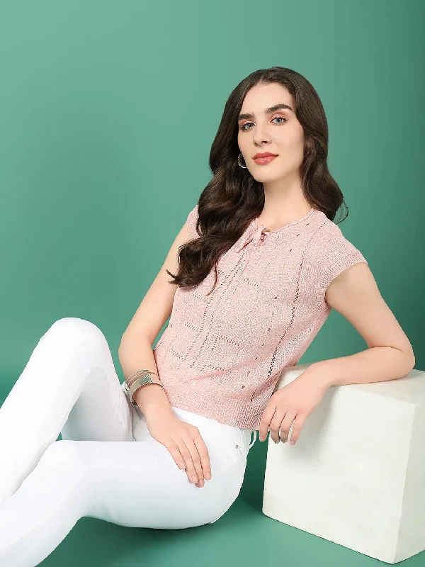 Women Peach Solid Crochet Top Business