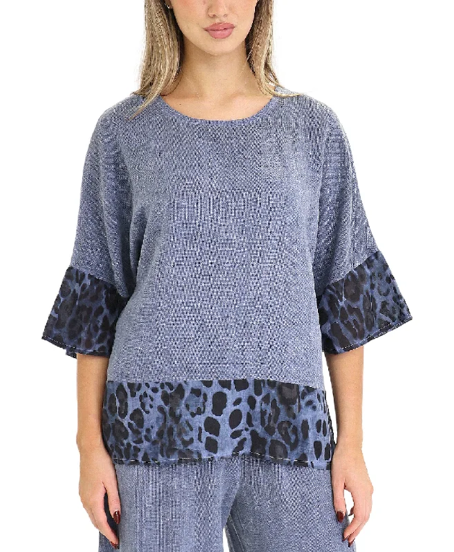 Linen & Cotton Top w/ Leopard Trim Preppy Women's College