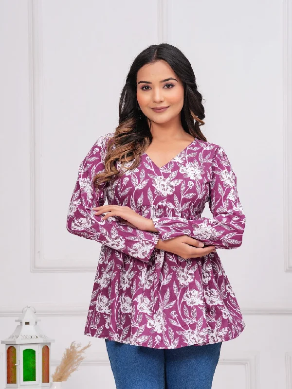 Purple Cotton Floral Top Refined Women's 