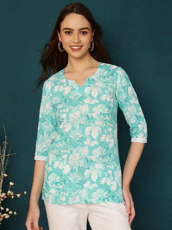 Cotton Printed Round Neck Rama Top Sleek Women's Metallic