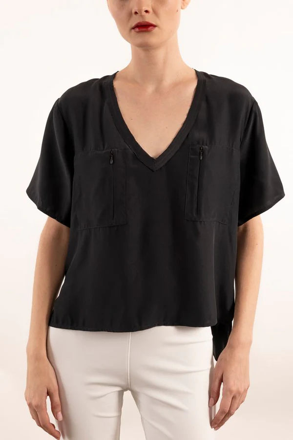 Yvett Silk Pocket Tee - Black European