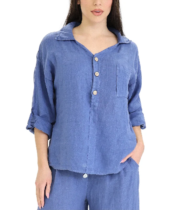 Linen Shirt w/ 1/2 Buttons Rugged Women's Outdoor 