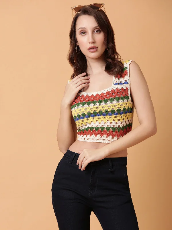 Women Rust Solid Crochet Crop Top Vacation
