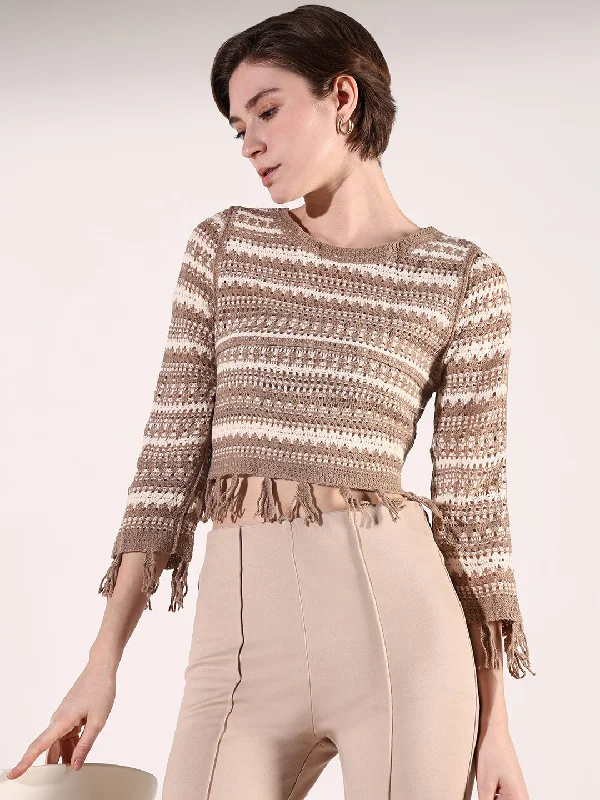 Women Beige Solid Crochet Top Streetwear Style for 
