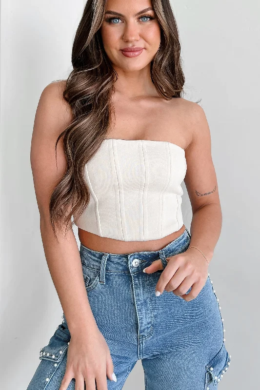 Playing The Player Strapless Lace-Up Crop Corset Top (Ecru) Modern Women's 