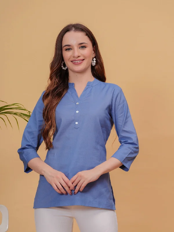 Navy Solid Tops & Tunic - Linen Fabric, 3/4 Sleeves, Mandarin Collar And Hips Length Youthful Women's Anime - inspired