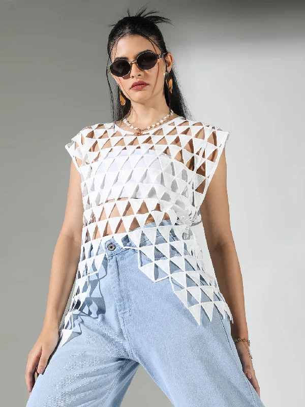 Women White Solid Crochet Top Dynamic Women's Moto