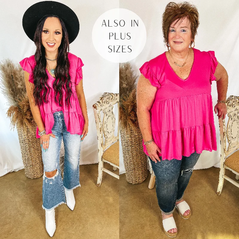 Last Chance Size Small & Large | Make Your Debut Ruffle Tiered V Neck Top in Hot Pink Elegant Women's Formal 