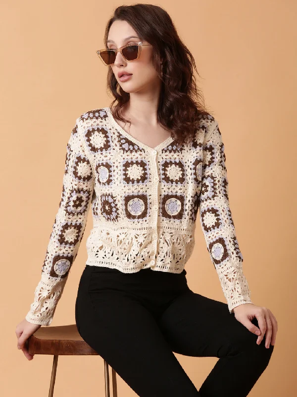 Women Brown Geometric Crochet Top Traditional Women's 