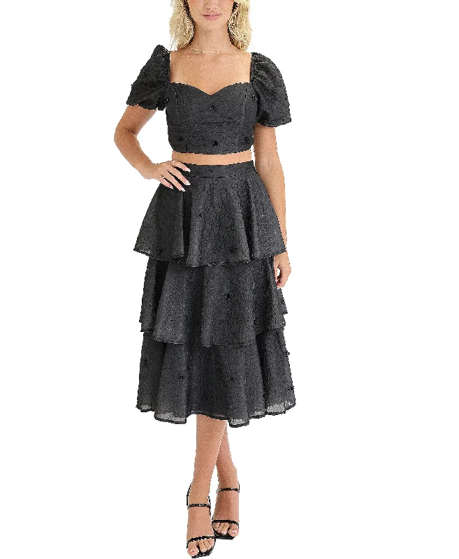 Textured Floral Top & Tiered Ruffle Skirt Set- 2 Pc Set Cozy Women's Winter
