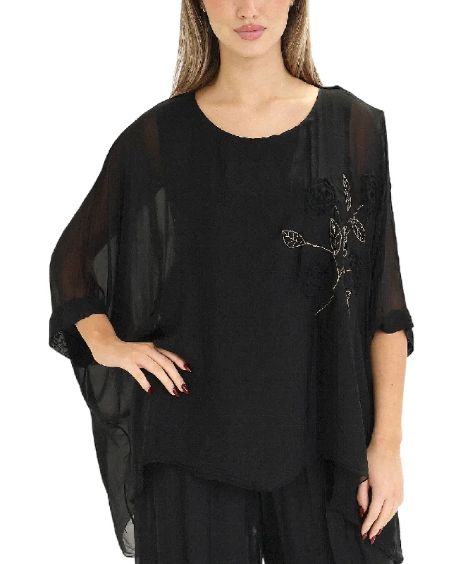 Silk Hanky Hem Top w/ Floral Embroidery Refined Women's Classic 