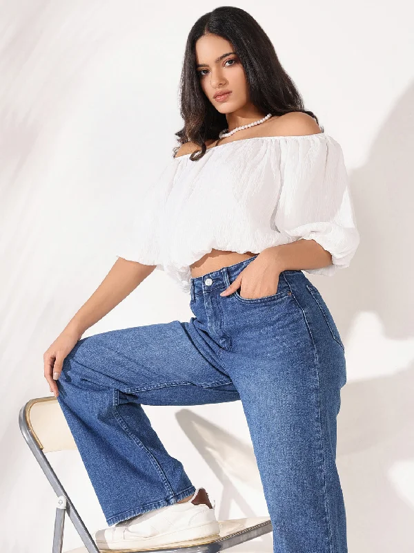Women White Solid Crop Top with Chain Disco