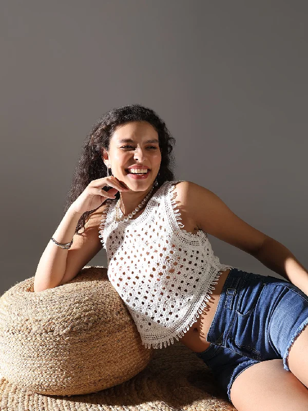 Women White Solid Crochet Crop Top Casual Women's Japanese 