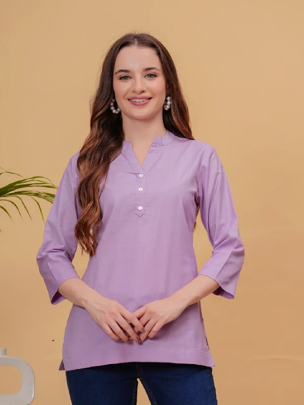 Purple Solid Tops & Tunic - Linen Fabric, 3/4 Sleeves, Mandarin Collar And Hips Length Streetwear Style for 