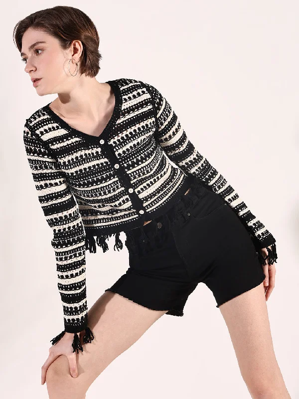Women Black Geometric Crochet Top Refined Women's Hand - crafted