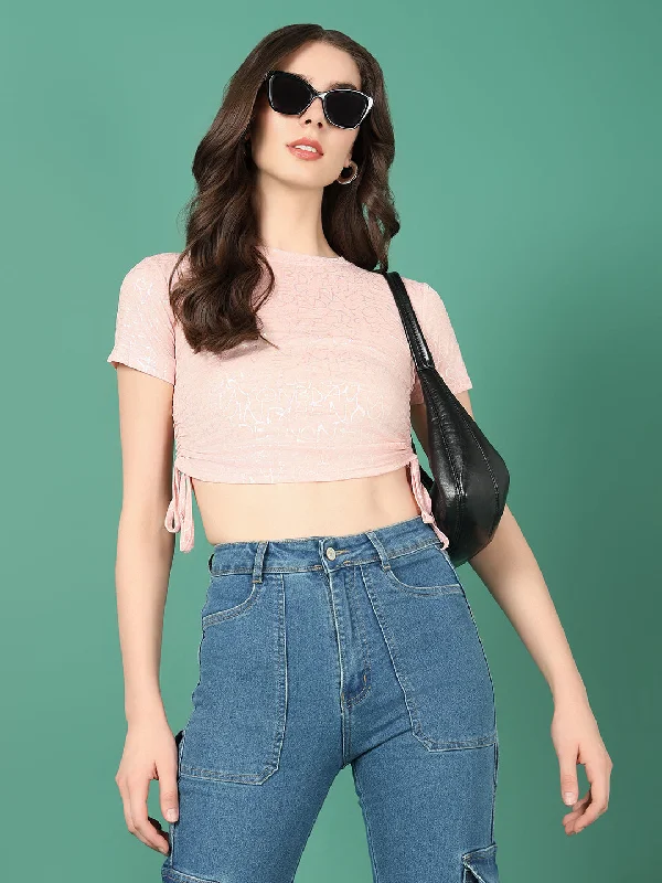 Women Peach Graphic Ruched Top Feminine Women's Style 