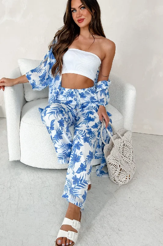 Happy In Hawaii Floral Kimono & Pant Set (Blue) Stylish Women's Neon
