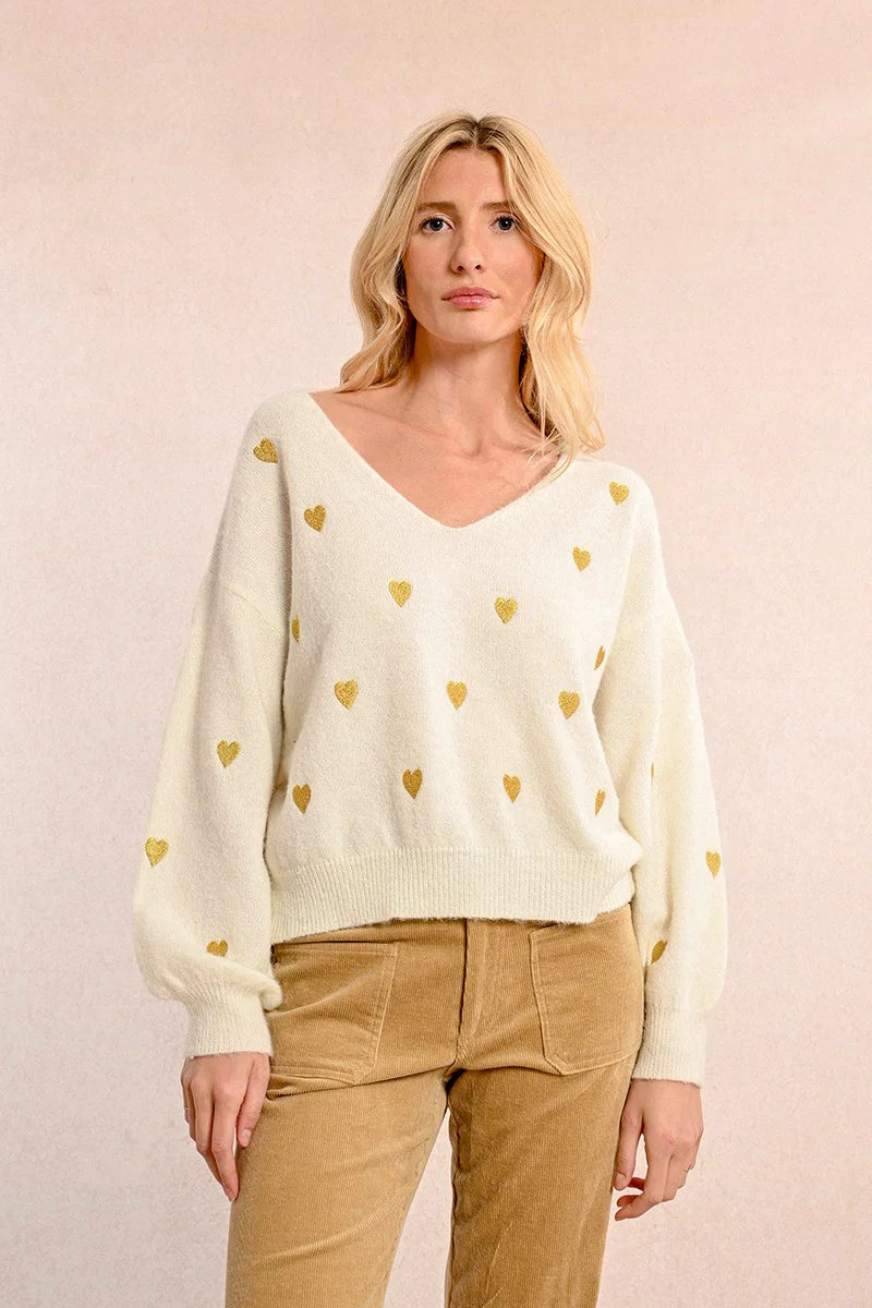 Heart Pattern Sweater - Off White Trendy Women's Oversized