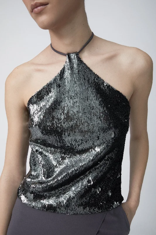 Top halter lentejuela plomo performance