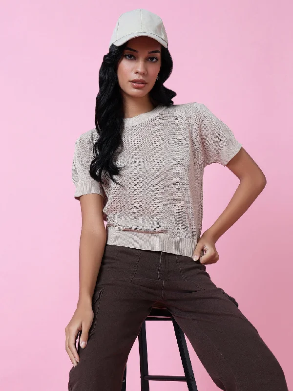 Women Beige Solid Sheer Top Bohemian Women's Free