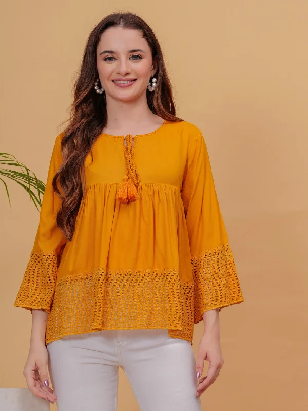 Mustard Solid Tops & Tunic - Rayon Fabric, 3/4 Sleeves, Keyhole Neck And Hips Length Stylish Women's Neon