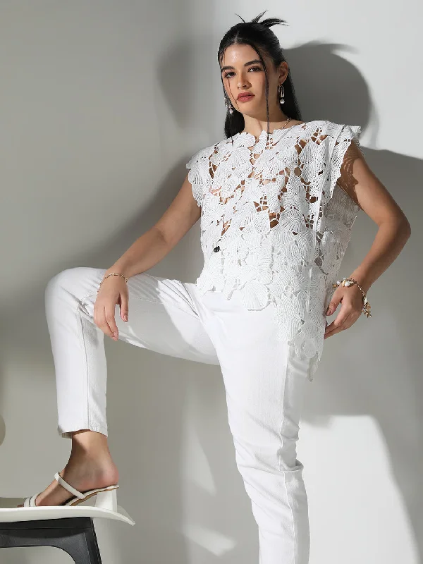 Women White Floral Crochet Top Trendy Women's Oversized