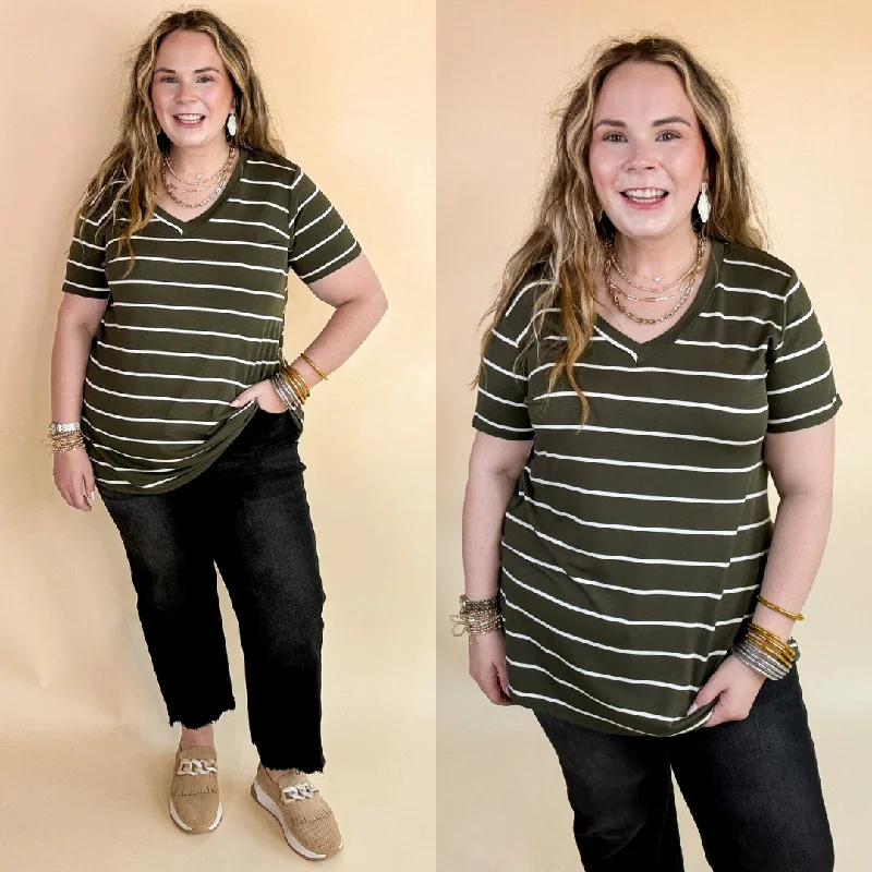Last Chance Size Small | Keep Things Casual Striped V Neck Tee in Olive Green Modern Women's 