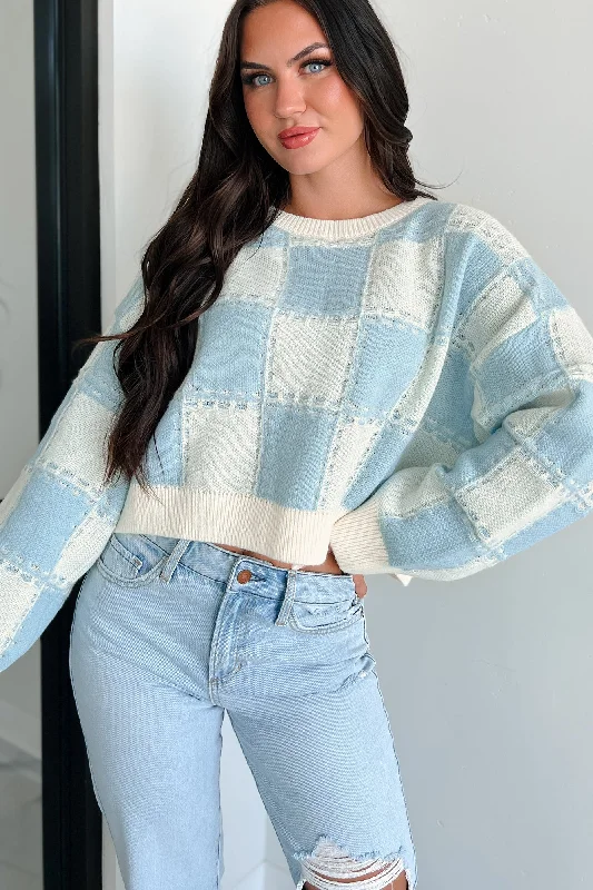 Fall Into Happiness Checkered Sweater Top (Dusty Blue/Cream) Laid - back Women's Style