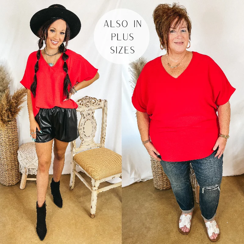 Last Chance Size Small | Lovely Dear V Neck Short Sleeve Solid Top in Red Polished Women's Silk