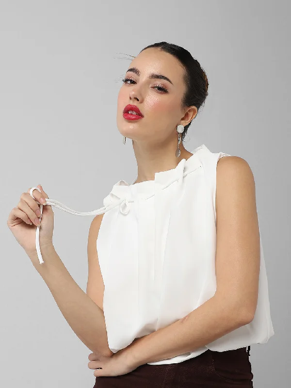 Women White Solid Blouson Crop Top Modern Women's 
