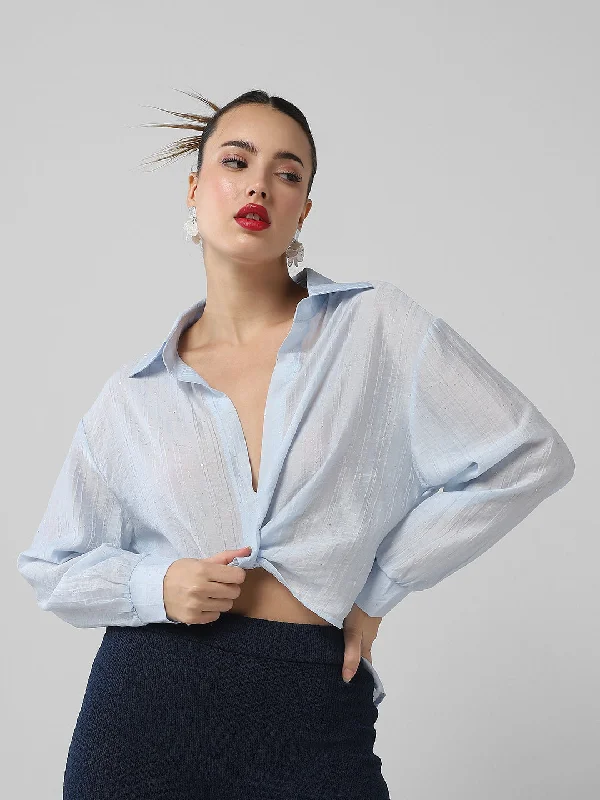 Women Blue Solid Shirt Style Crop Top Polished Women's Silk