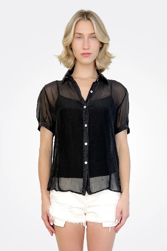 Sheer Short Sleeve Blouse - Black Classic Women's Pin - striped