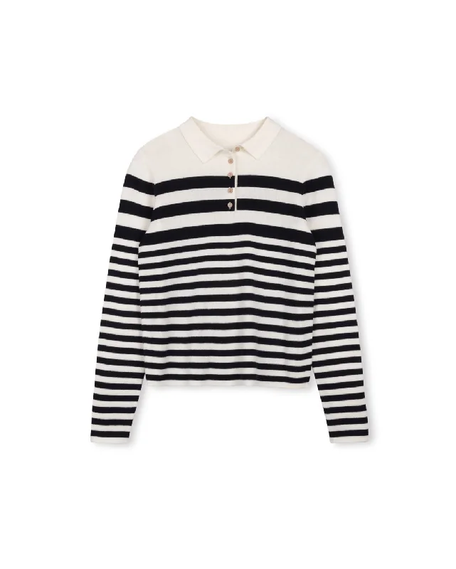 Knit Stripe Polo Top Luxurious Women's High -  end