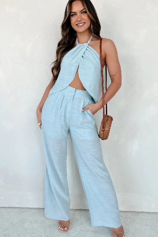 Sunsets and Selfies Crop Top & Pants Set (Light Blue) Relaxed Women's Beachy