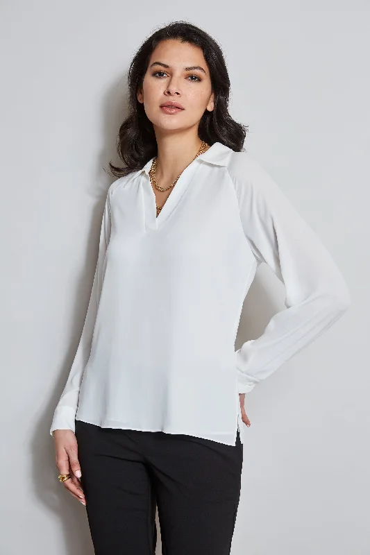 T-Tahari Split Neck Long Sleeve Shirt Laid - back Women's Style
