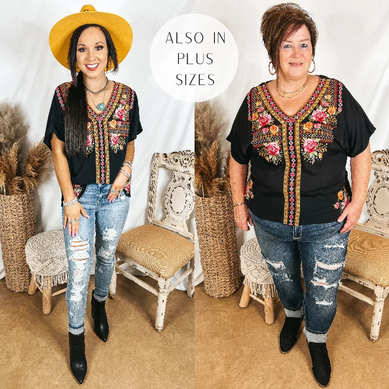 Time in Terlingua Southwest Embroidered Short Sleeve V Neck Top in Black Tough Women's Military - inspired