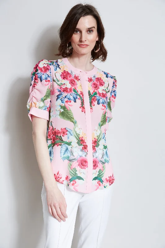 T-Tahari Rose Print Puff Shoulder Shirt Refined Women's 