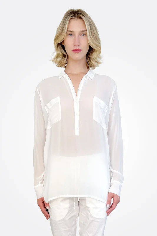 Pocket Oversized Silk Button Down - White Sleek Women's 