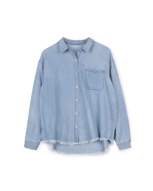 Denim Angled Button Down Blouse Hip Women's Retro