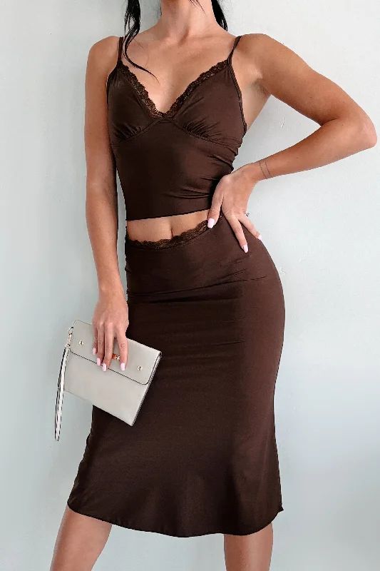 Romantic Designs Lace Trim Crop Top & Skirt Set (Espresso) Classic Women's Pin - striped