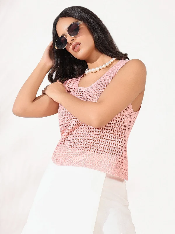 Women Pink Solid Crochet Top Earthy Women's Hemp - based