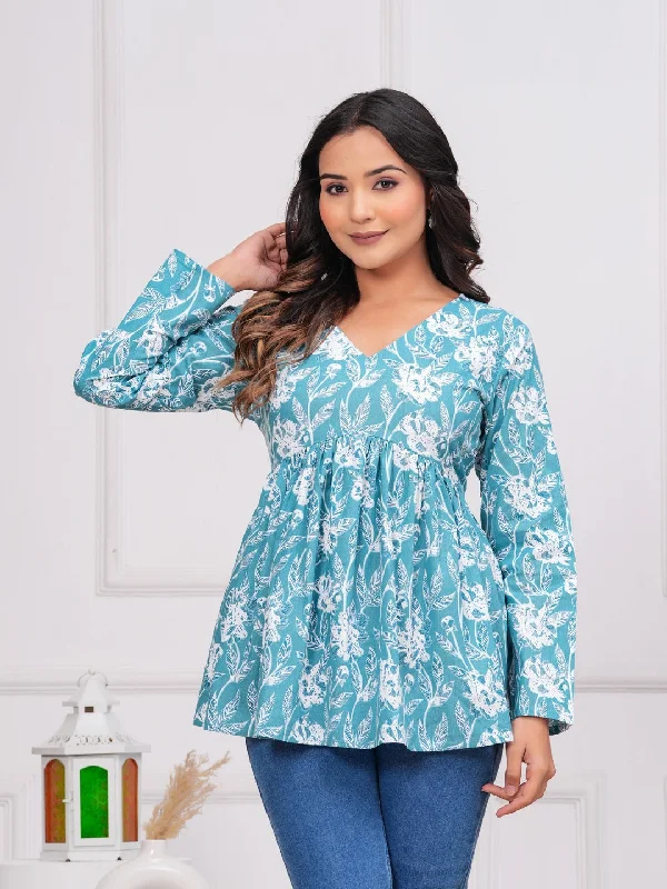 Turquoise Cotton Floral Top Sharp Women's Italian