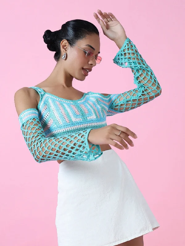 Women Blue Solid Crochet Crop Top Tough Women's Military - inspired