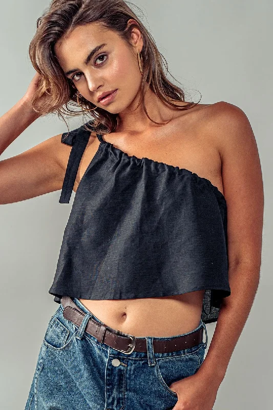 One Off Shoulder Tie Crop Linen Top Minimalist Women's Casual
