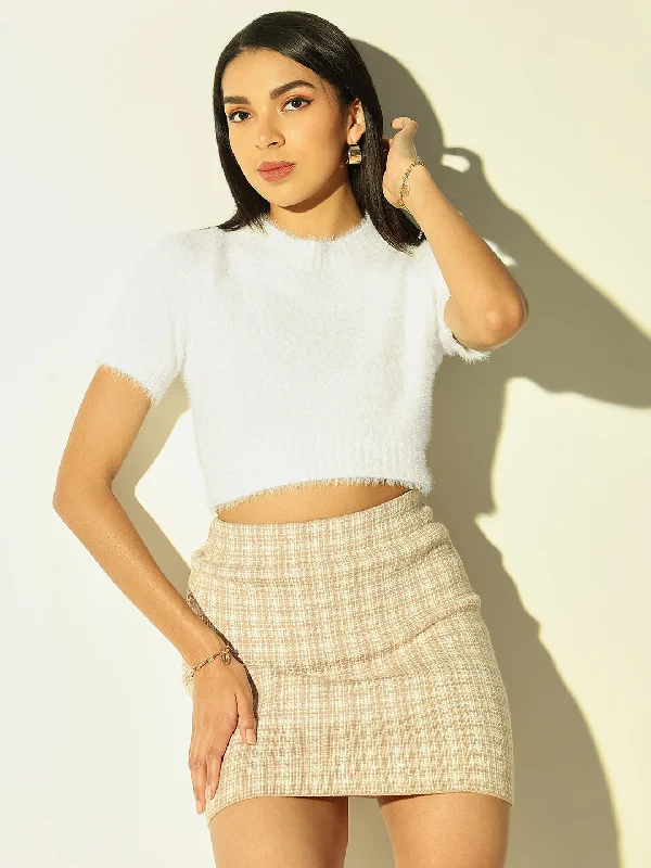Women White Solid Crop Top Monochromatic All - in - one