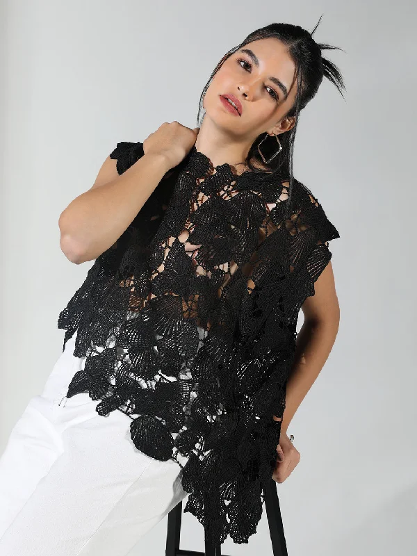 Women Black Floral Crochet Top Artistic Women's Hand - painted