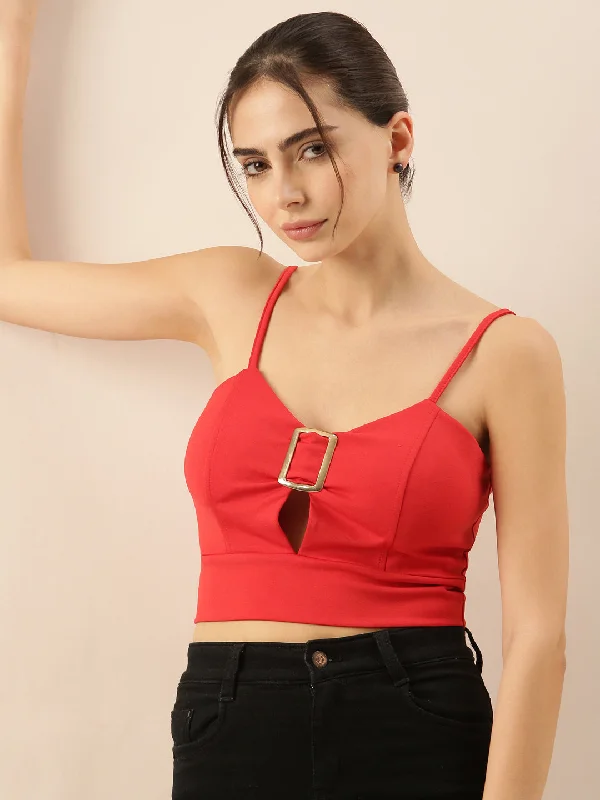 Women Solid Red Crop Top Casual Women's Loose - fitting